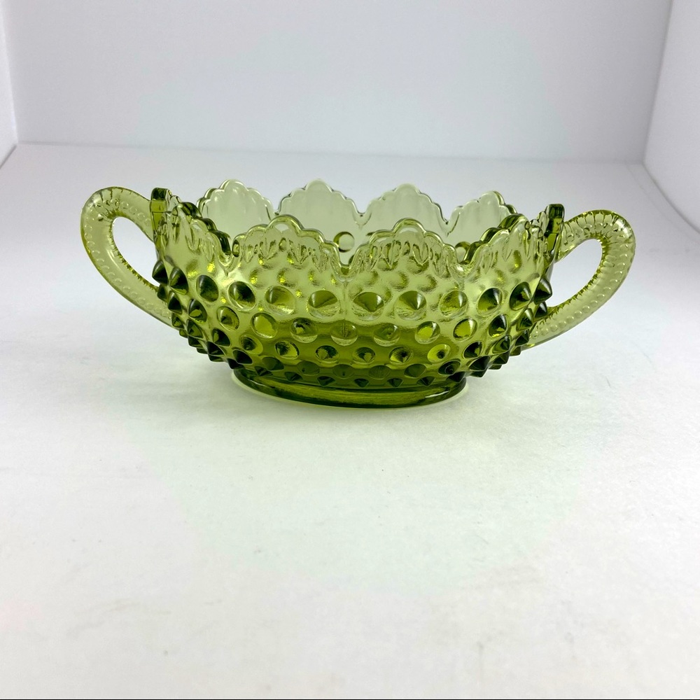 Vintage Fenton Green Hobnail Bowl Scalloped with Handles Nut Dish Trinket Dish
